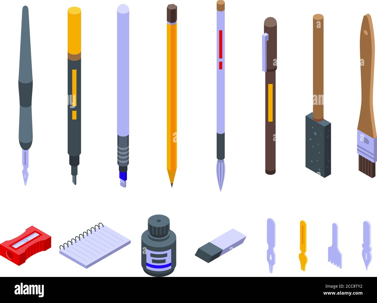 Calligraphy tools icons set, isometric style Stock Vector