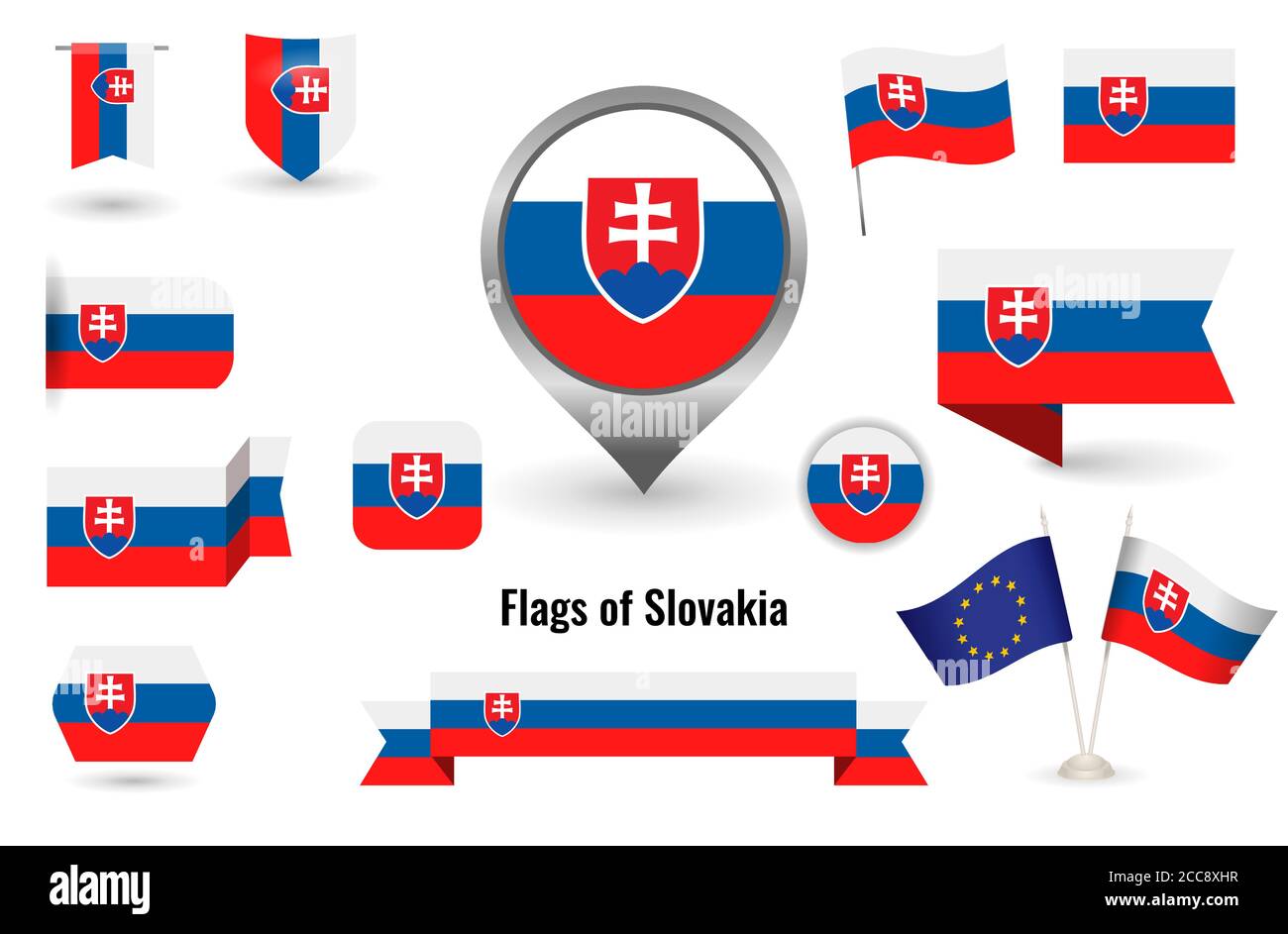 The Flag of Slovakia. Big set of icons and symbols. Square and round Slovakia flag. Collection of different flags of horizontal and vertical. Stock Vector
