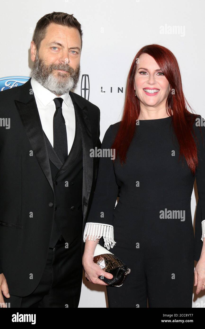 LOS ANGELES - MAY 22:  Nick Offerman, Megan Mullally at the Gracies at the Beverly Wilshire Hotel on May 22, 2018 in Beverly Hills, CA Stock Photo