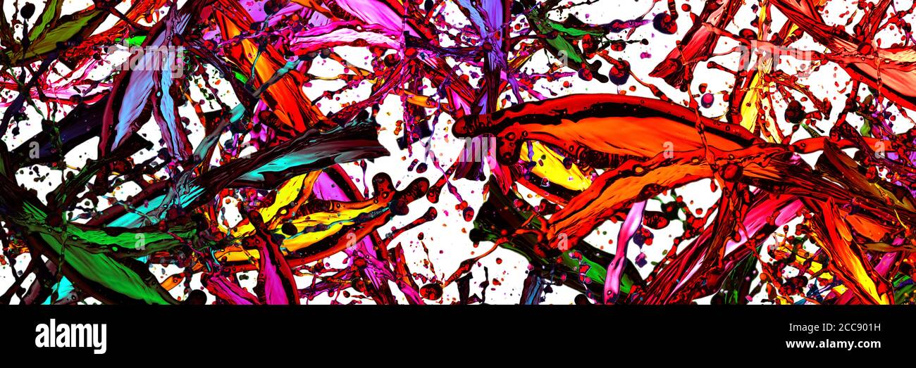 colored splashes in abstract shape over white background, panoramic image Stock Photo