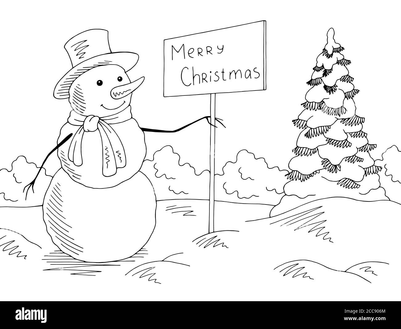 Snowman holding a greeting sign in winter park graphic black white landscape sketch illustration vector Stock Vector