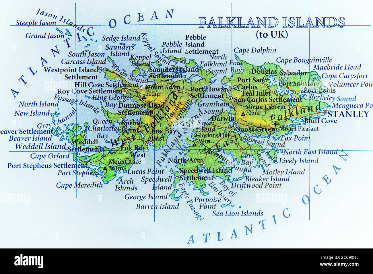 Geographic map of Falkland Islands with important cities Stock Photo - Alamy