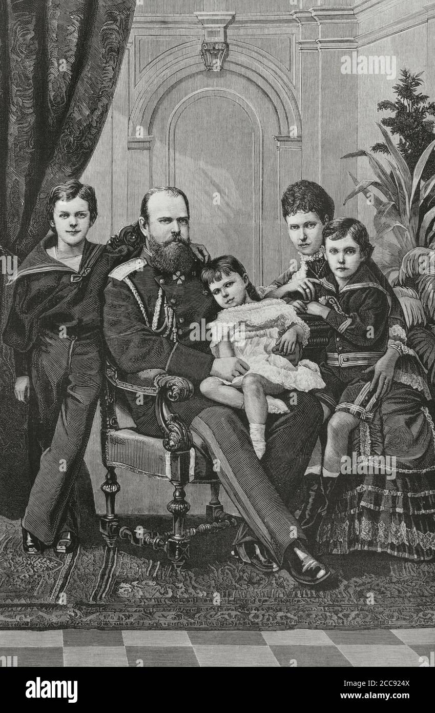 Russia. Tsar Alexander III of Russia (1845-1894) with his wife Tsarina Maria Fyodorovna Romanova (Dagmar of Denmark) (1847-1928). From left to right; Nicholas Alexandrovich Romanov (future Nicholas II), Xenia Alexandrovna of Russia (Grand Duchess of Russia) (1875-1960) and George Alexandrovich Romanov (Grand Duke) (1871-1899). Engraving. La Ilustracion Española y Americana, 1881. Stock Photo