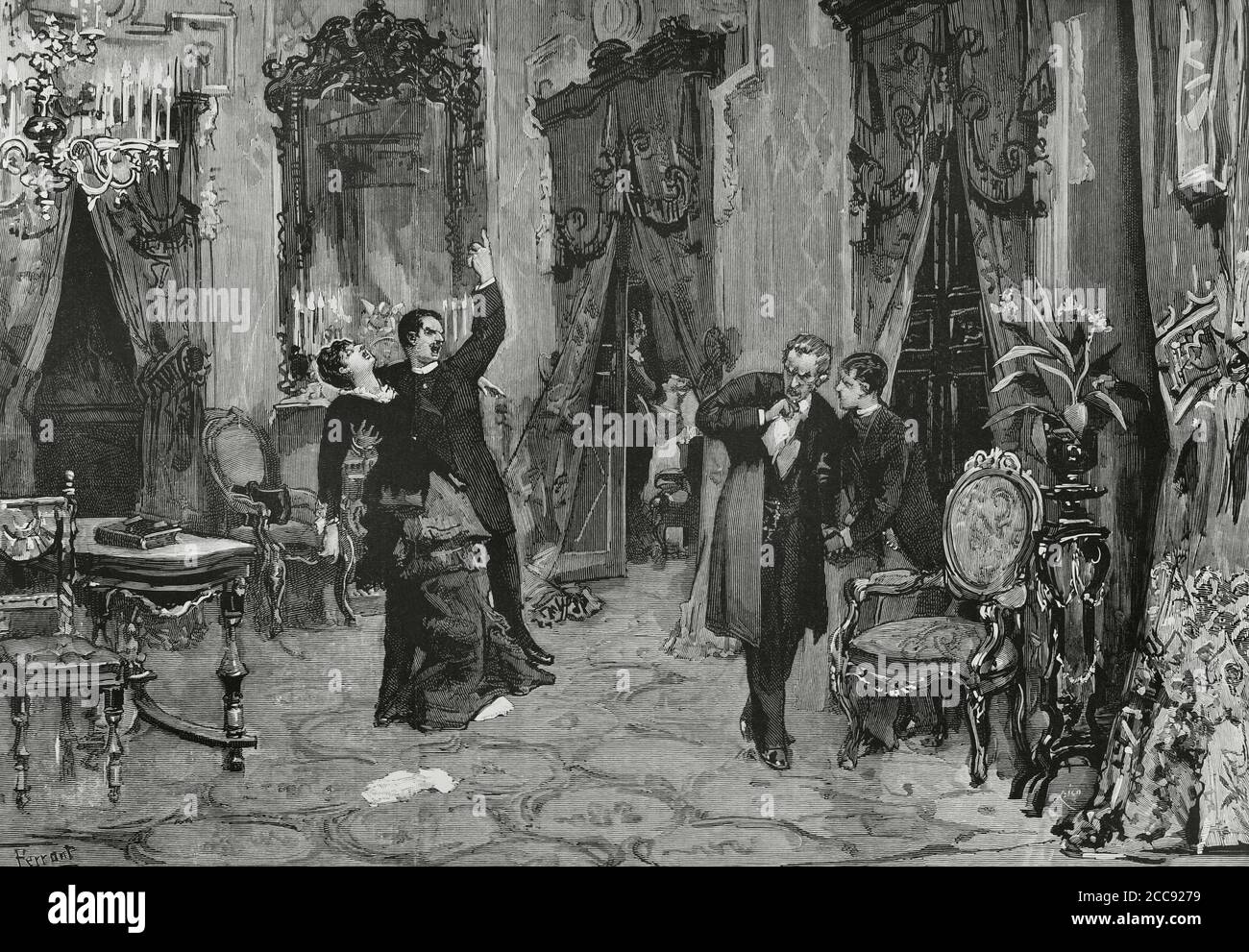 José Echegaray y Eizaguirre (1832-1916). Spanish engineer, playwright, politician and mathematician. Leading of the Spanish dramatist of the last quarter of the 19th century. Nobel Prize for Literature in 1904. Final scene of one of his dramas 'El Gran Galeoto' (The Great Galeoto). It is about the poisonous effect that unfounded gossip has on a middle-aged man's happiness. Illustration by Ferrant. Engraving by Rico. La Ilustracion Española y Americana, 1881. Stock Photo
