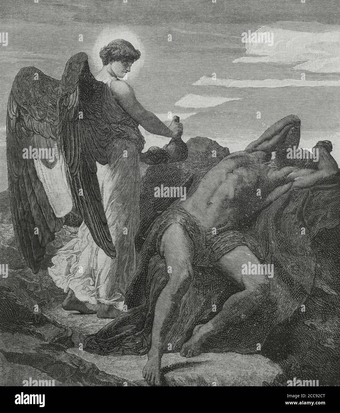 Old Testament. Elijah in the desert. Engraving after a painting by Frederic Leighton (1830-1896). La Ilustracion Española y Americana, 1881. Stock Photo