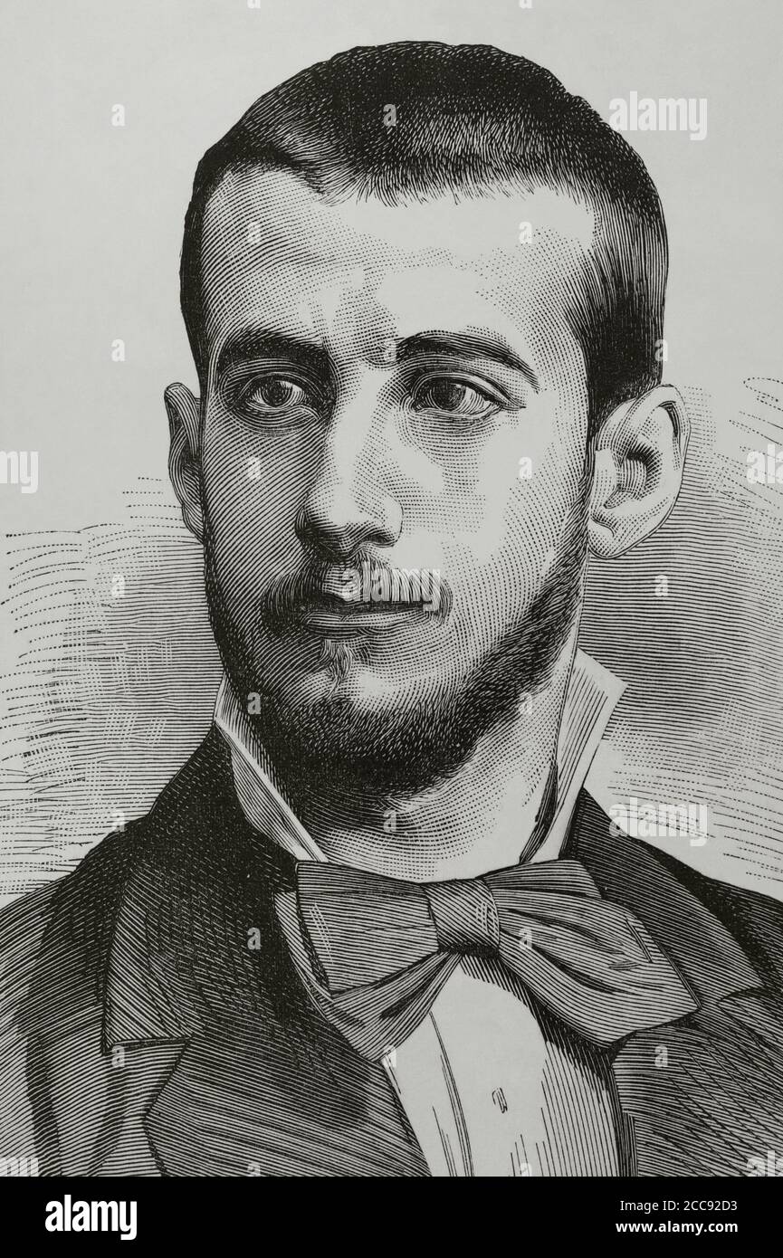 Marcelino Menéndez Pelayo (1856-1912). Spanish writer, philosopher and literary critic. Engraving by Arturo Carretero. La Ilustracion Española y Americana, 1881. Stock Photo