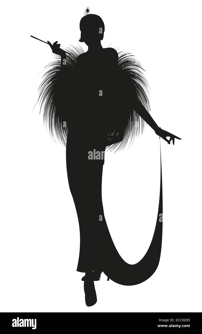 Silhouette of elegant lady smoking a pipe, wearing Belle Epoque style clothes isolated on white background Stock Vector
