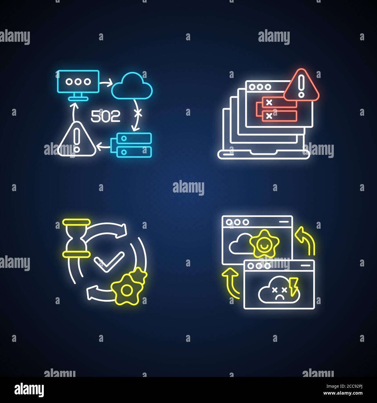Network notifications neon light icons set Stock Vector
