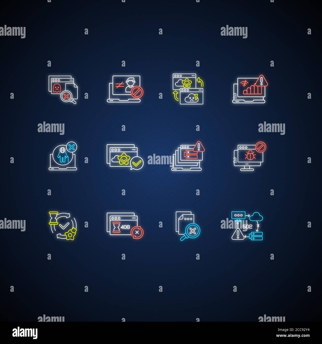 Web notifications neon light icons set Stock Vector