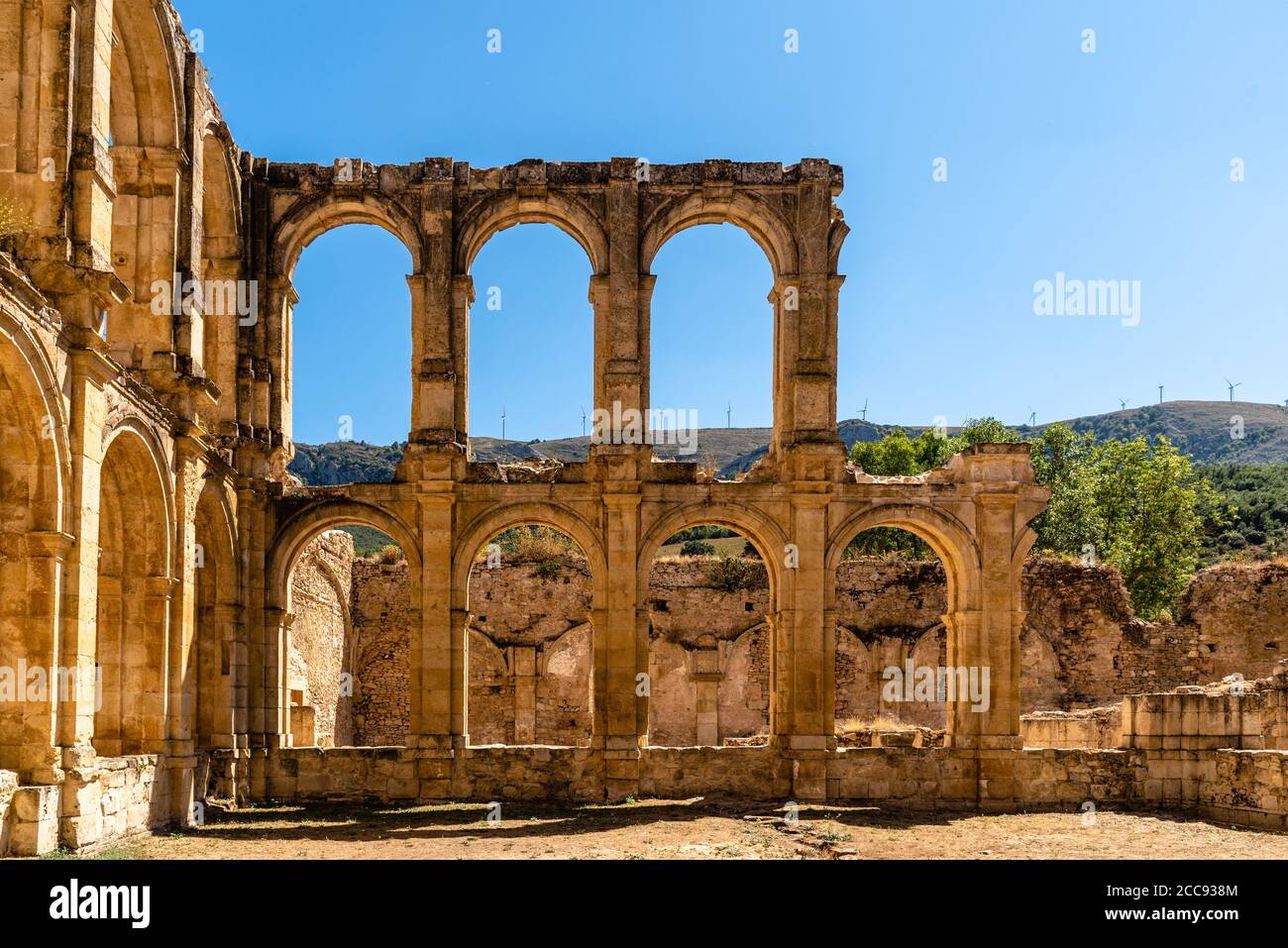 View of the ruins of an ancient abandoned monastery in Santa Maria de Rioseco, Burgos, Stock Photo