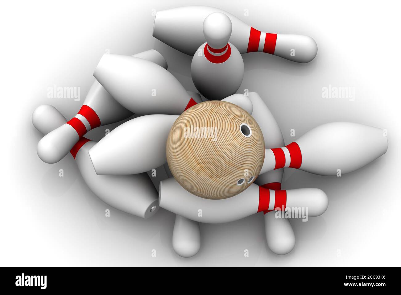 Bowling ball and skittles are on the white surface. 3D illustration Stock Photo