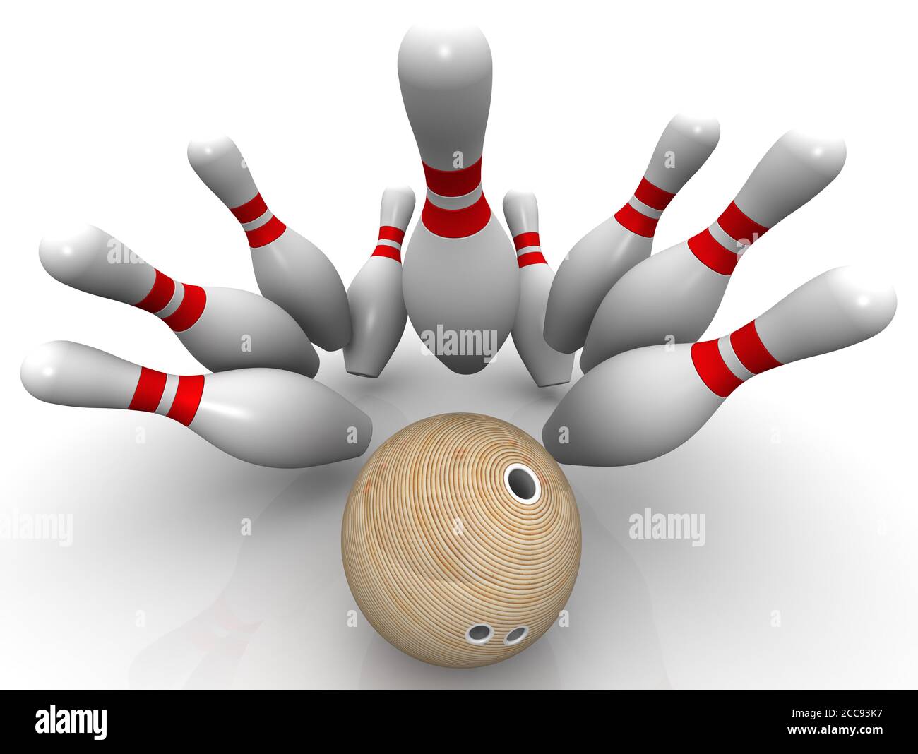 Strike. Bowling ball knocks down all the pins. Bowling ball and