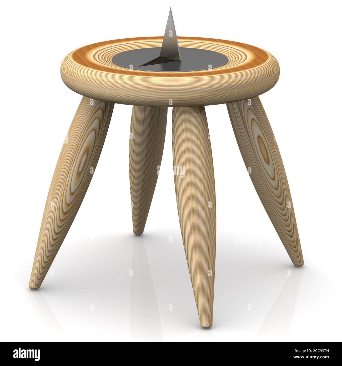 Thumbtack lying on a stool. A large and sharp thumbtack lying on a wooden stool. 3D illustration Stock Photo