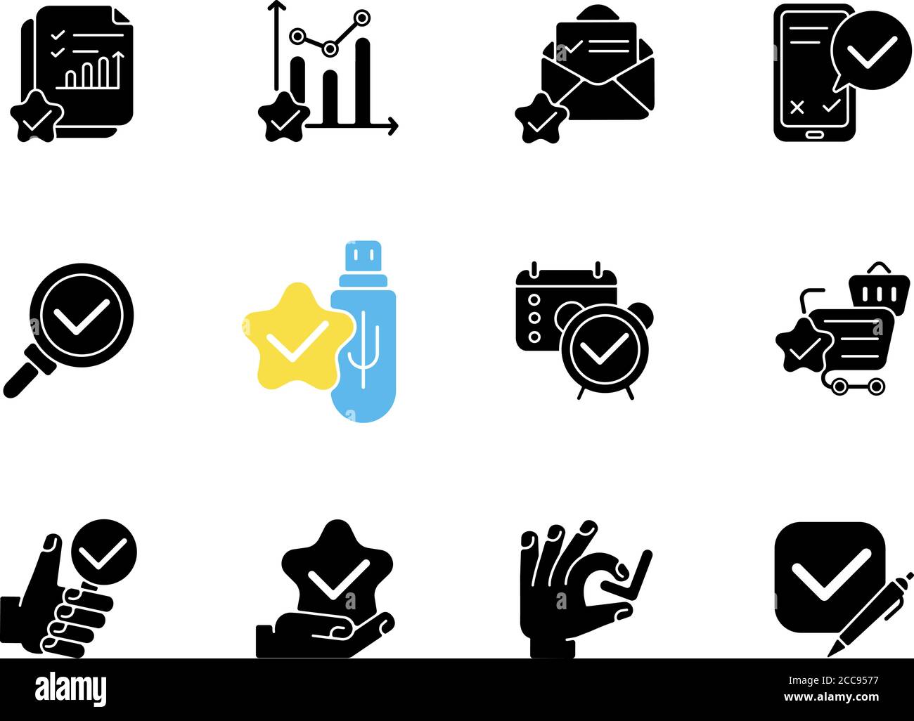 Checkmark black glyph icons set on white space Stock Vector