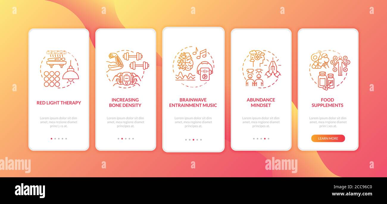 Biohacking techniques onboarding mobile app page screen with concepts Stock Vector