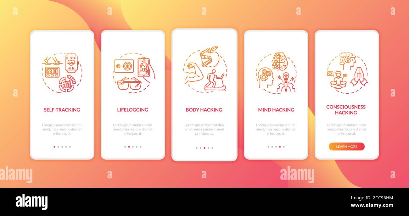 Biohacking elements onboarding mobile app page screen with concepts Stock Vector