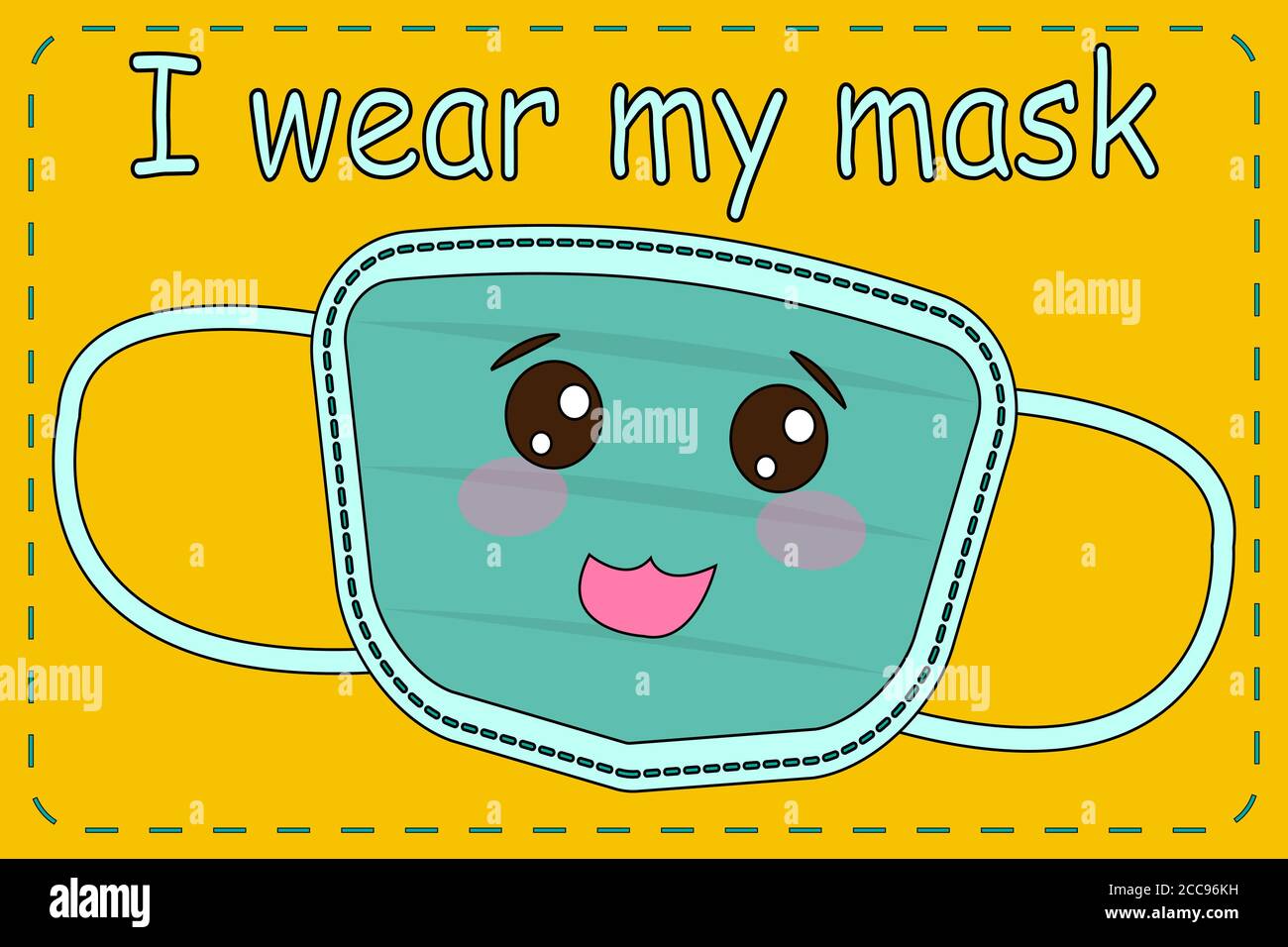 Vector illustration of a mask with a cute face with the text I wear my mask. Poster for the classroom. Back to school 2020. Stock Vector