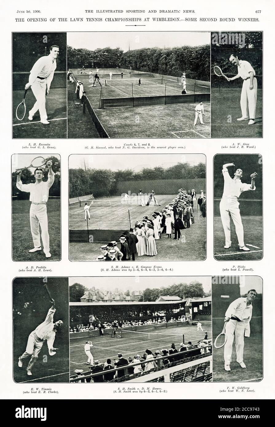 Wimbledon, 1906 magazine coverage of the opening of the Lawn Tennis Championships in June with some second round winners Stock Photo