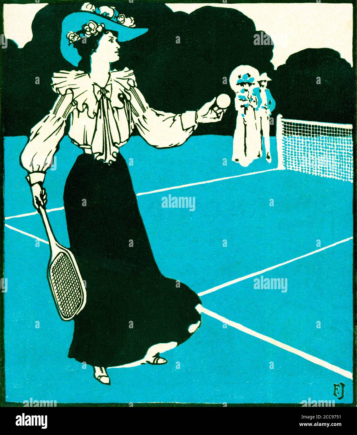 Ready To Serve, Edwardian illustration of a fashionable lady on the tennis court, ball in hand Stock Photo
