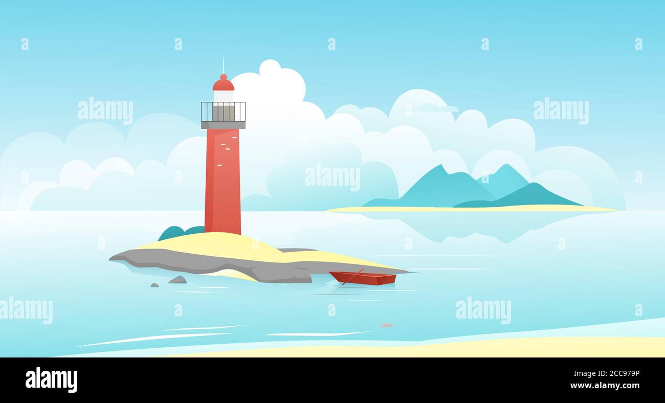 Landscape with lighthouse vector illustration. Cartoon natural peaceful scenery, lighthouse on scenic rock island and moored fishing boat, calm sea water and mountains on horizon, seascape background Stock Vector