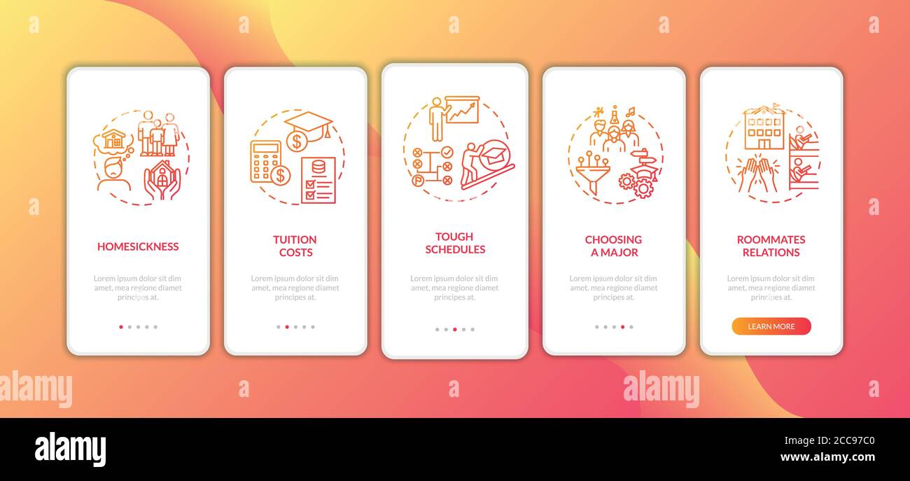 Student difficulties onboarding mobile app page screen with concepts Stock Vector