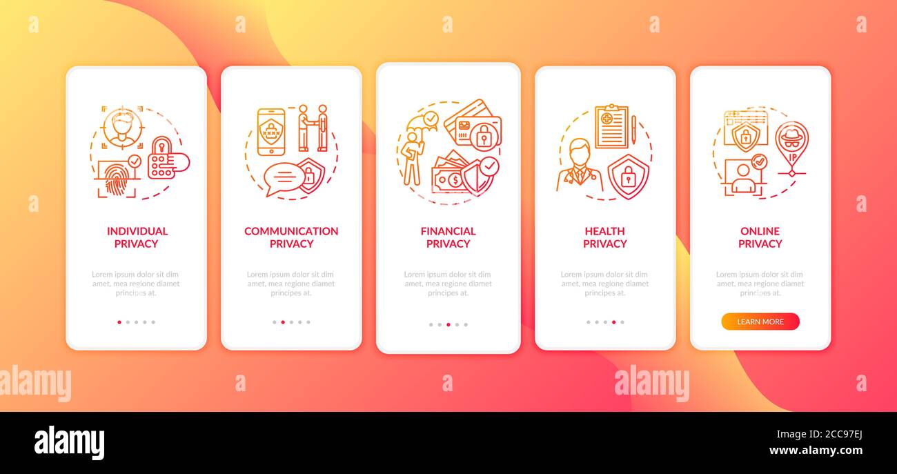 Privacy types onboarding mobile app page screen with concepts Stock Vector