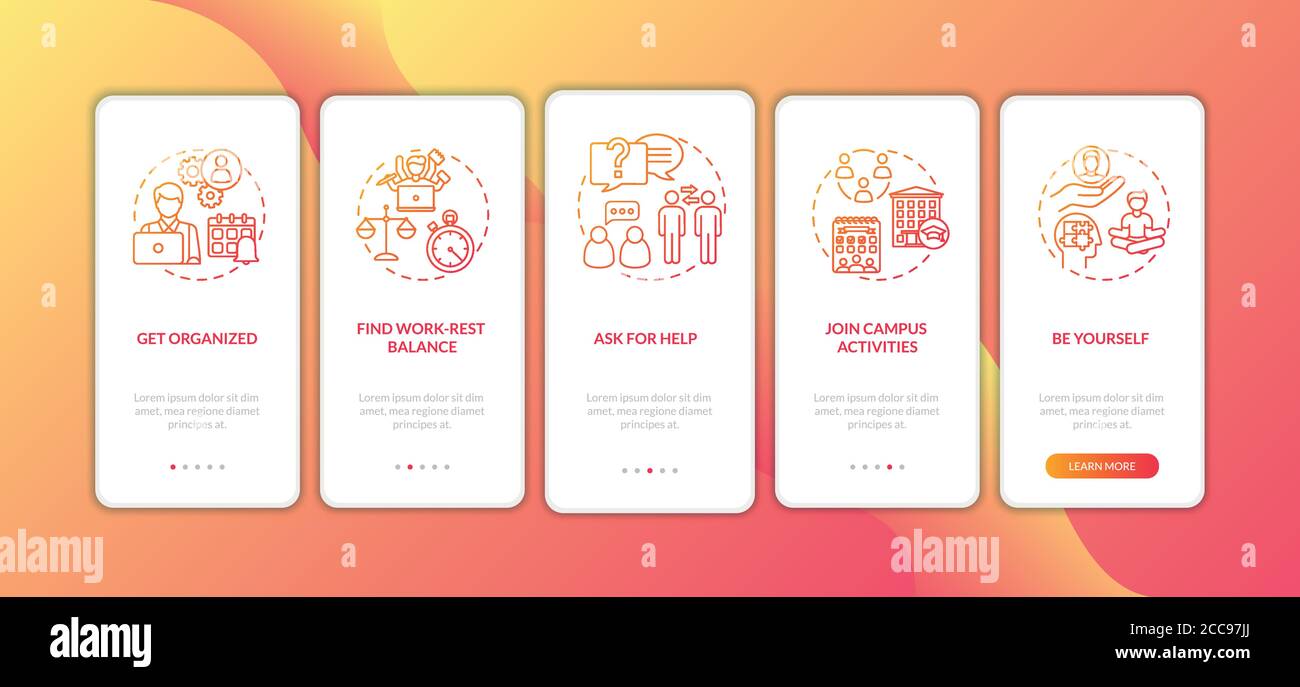 Student self management onboarding mobile app page screen with concepts Stock Vector