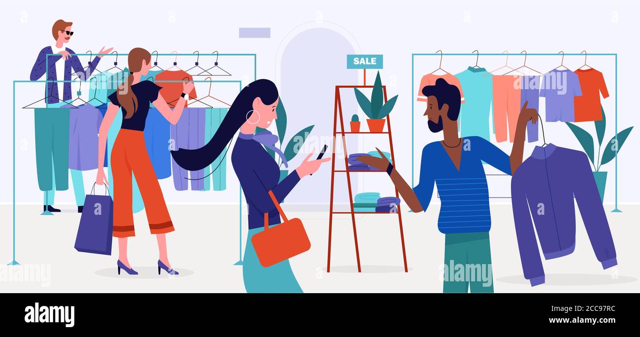 Shopping mall sales vector illustration. Cartoon flat customer buyer people  choose clothes hanging on hangers of retail store, shop or boutique modern  interior, buy fashion trendy garments background Stock Vector Image &