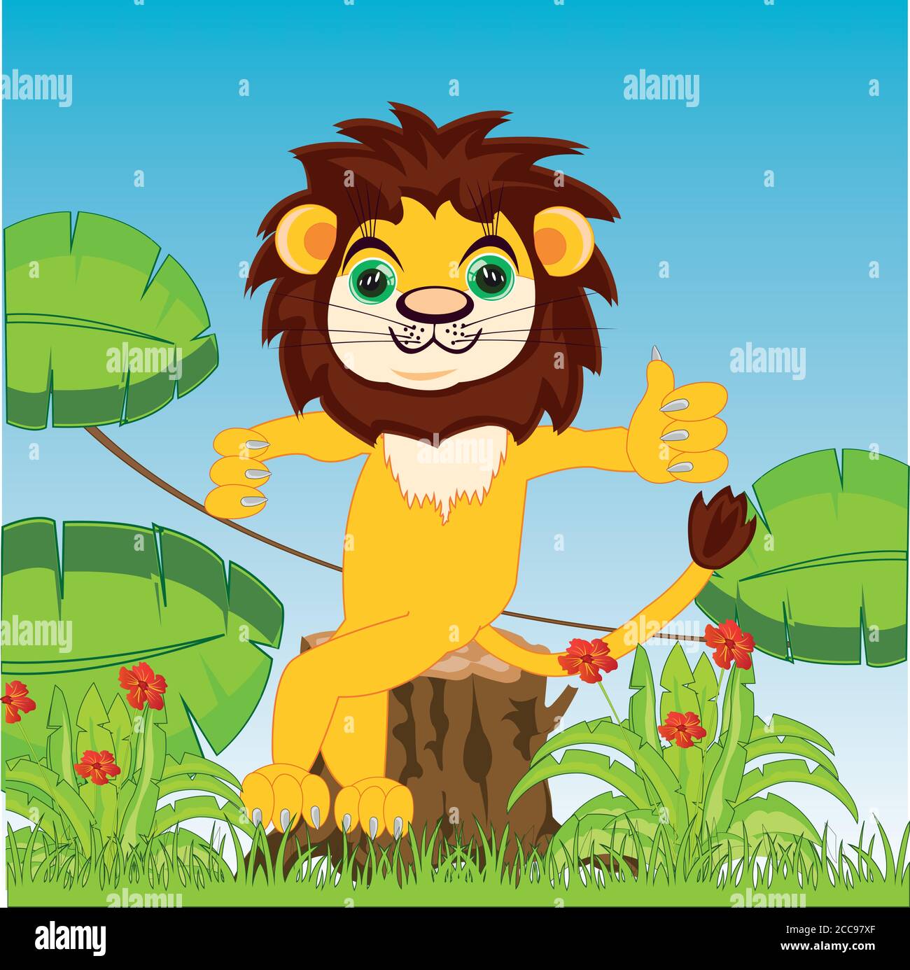 Cartoon animal lion in jungle sitting on stump Stock Vector
