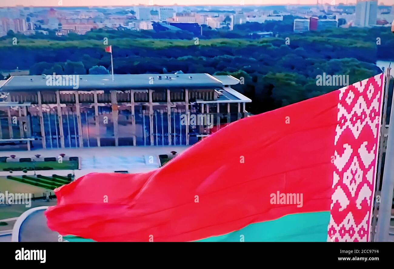 State flag of Belarus. Photo from the TV screen 08/19/2020 Stock Photo