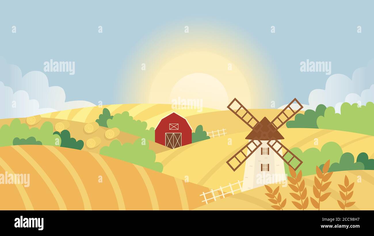 Autumn farm agricultural landscape vector illustration. Cartoon farmland yellow wheat field with wind mill and farmers house or barn of rustic village, panoramic autumnal countryside nature background Stock Vector