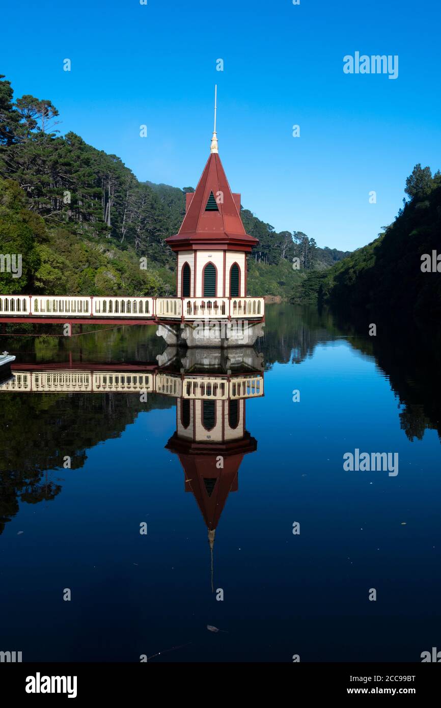 Victorian tower in lake at Zealandia, Wellington, North Island, New Zealand Stock Photo