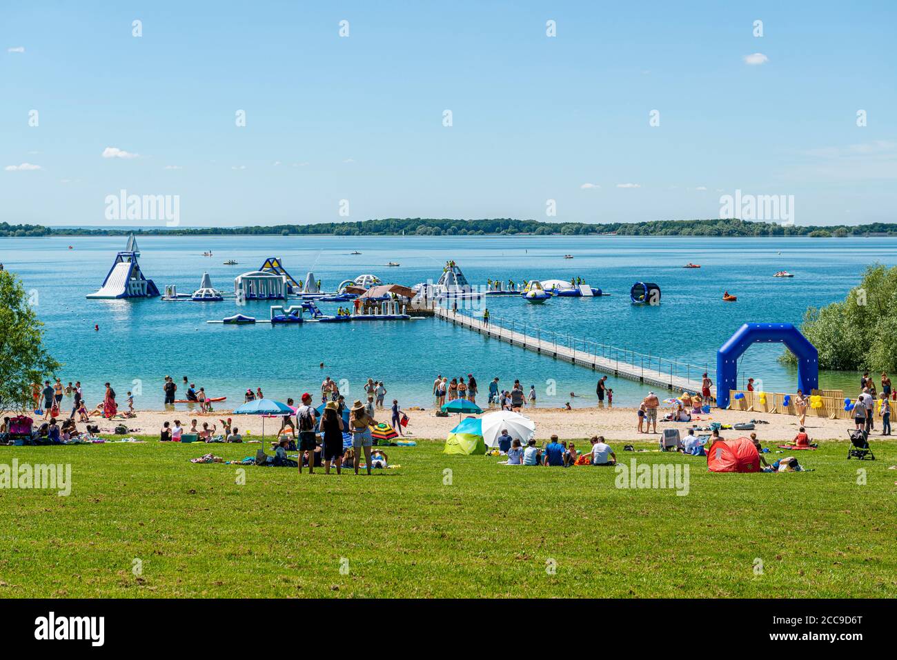 Mesnil-Saint-Pere (north-eastern France): inflatable water park on the lake  “Lac d'Orient”, in the Foret d'Orient Regional Nature Park. Inflatable wat  Stock Photo - Alamy