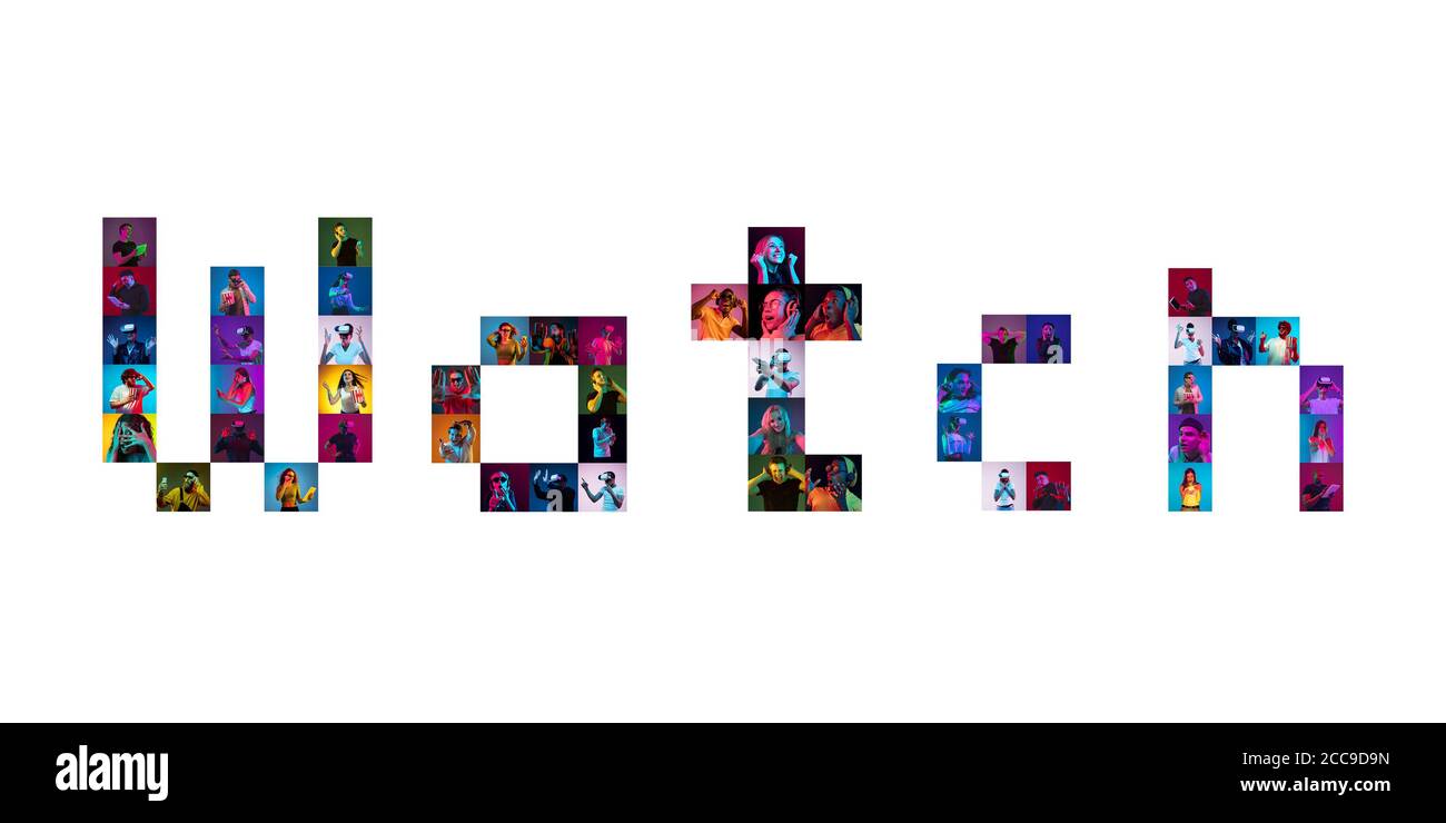 Collage of portraits of 22 young emotional people on multicolored ...