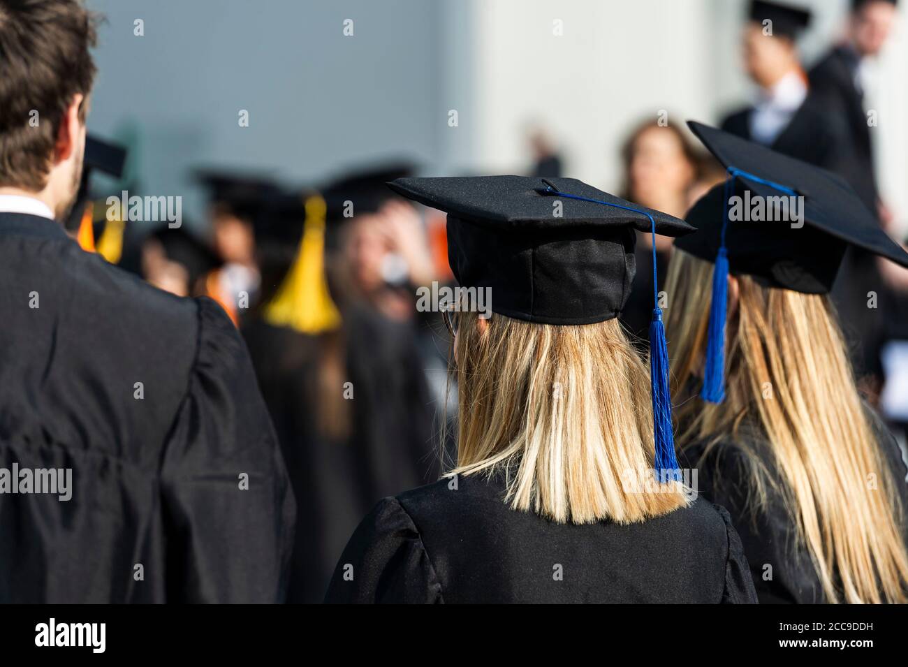 Troyes (north-eastern France): students wearing graduation gowns. Students dressed in the typical academic outfit of American universities, giving mor Stock Photo