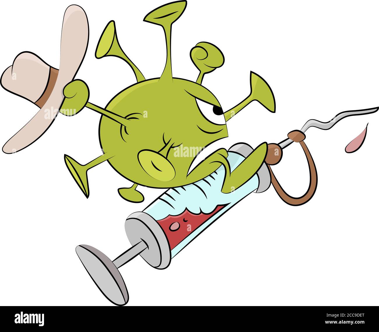 Dangerous and infectious corona virus doing rodeo on a syringe cartoon vector illustration Stock Vector