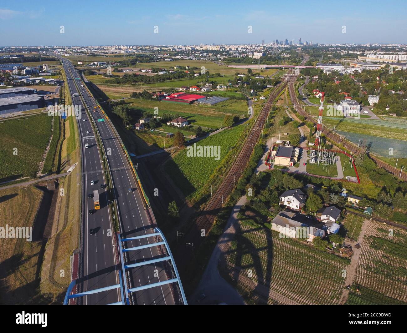 Highway near capital city, bypass of large city. Drone, aerial view ...