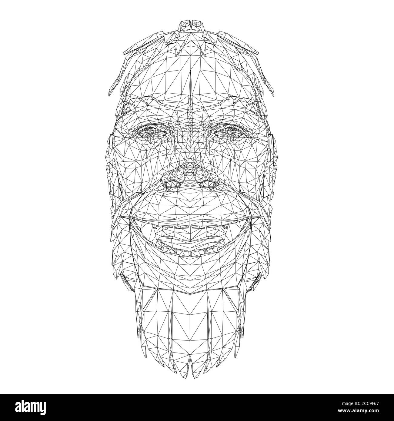 Wireframe low poly head of a Neanderthal. Wireframe head of a prehistoric man. Front view. 3D. Vector illustration. Stock Vector
