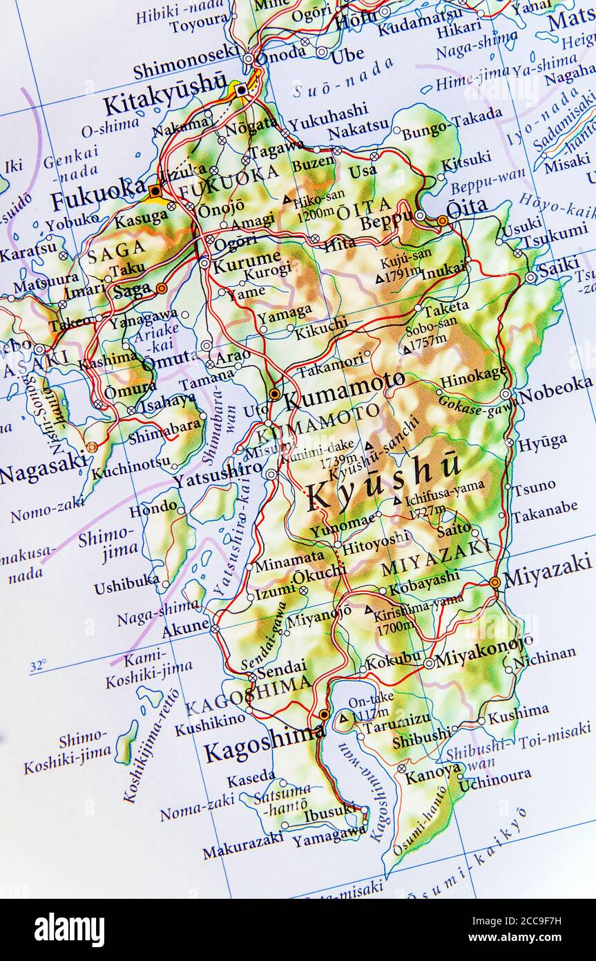 Geographic map of Kyushu island with important cities Stock Photo Alamy