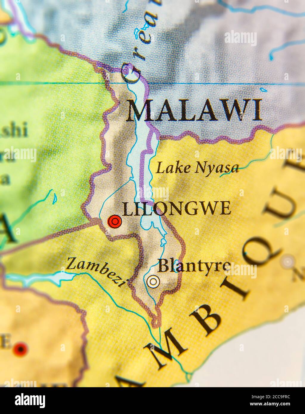 Geographic map of Malawi country with important cities Stock Photo