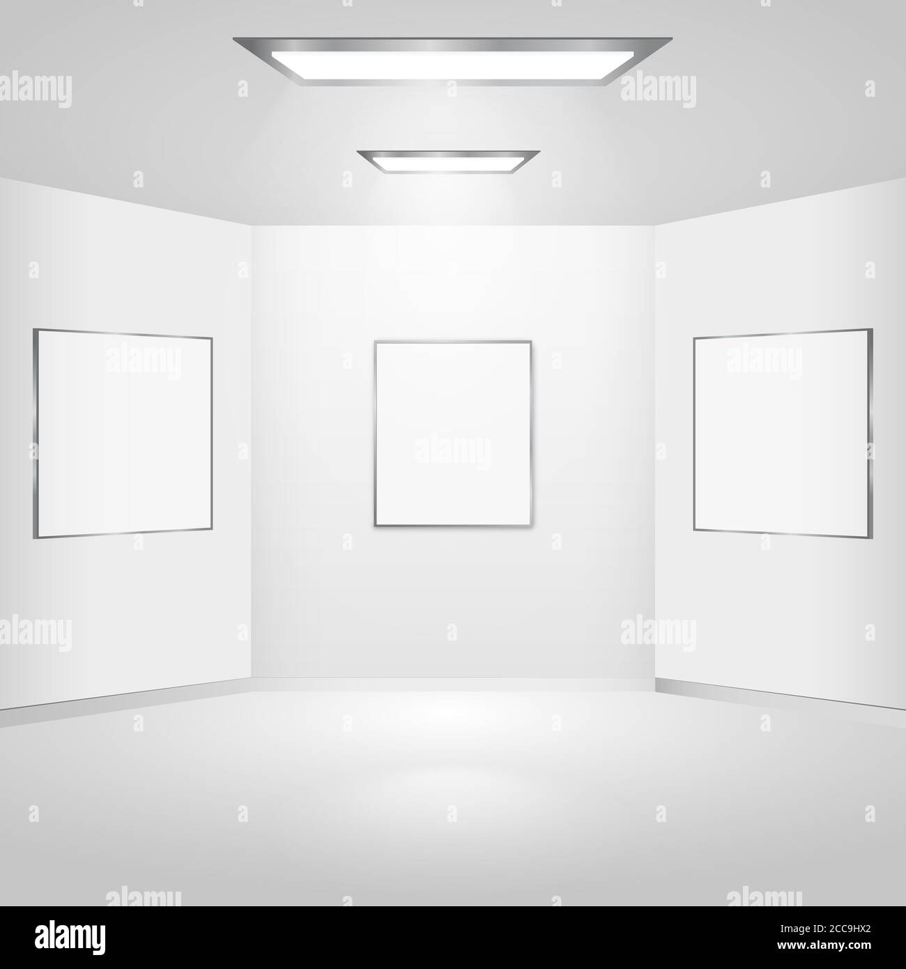 Illustration of white walls with frames and lights on the ceiling Stock ...