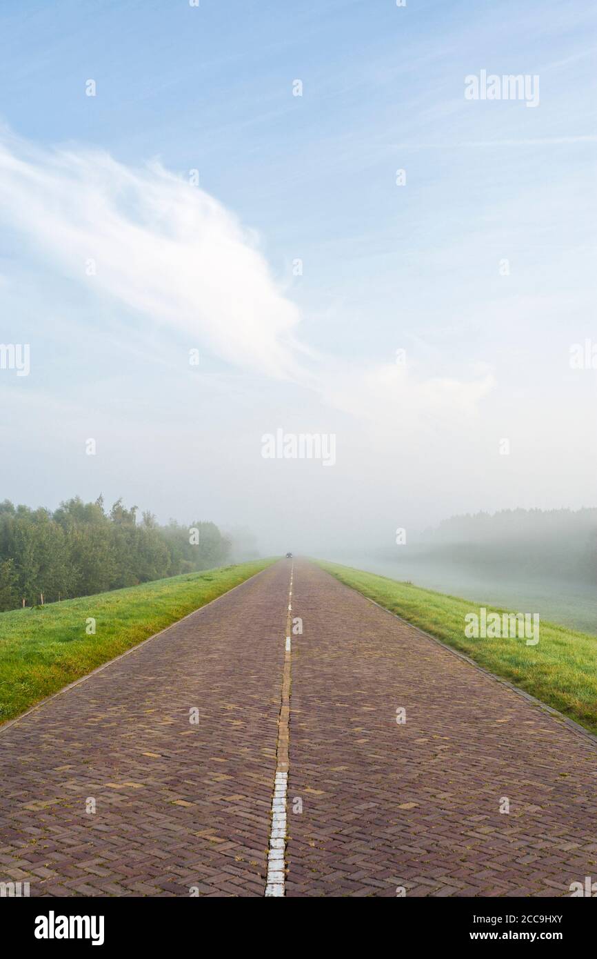 Misty brick road in The Netherlands, car heading up to the viewer Stock Photo