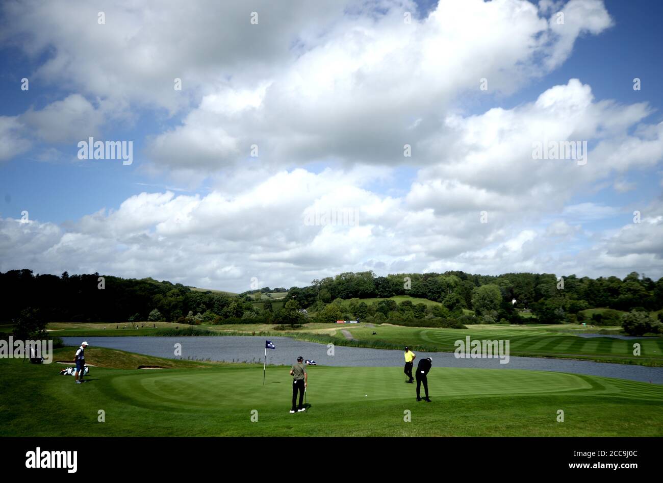 England's Aaron Rai (right) putts on the 12th during day one of the ISPS Handa Wales Open at Celtic Manor Resort. Stock Photo
