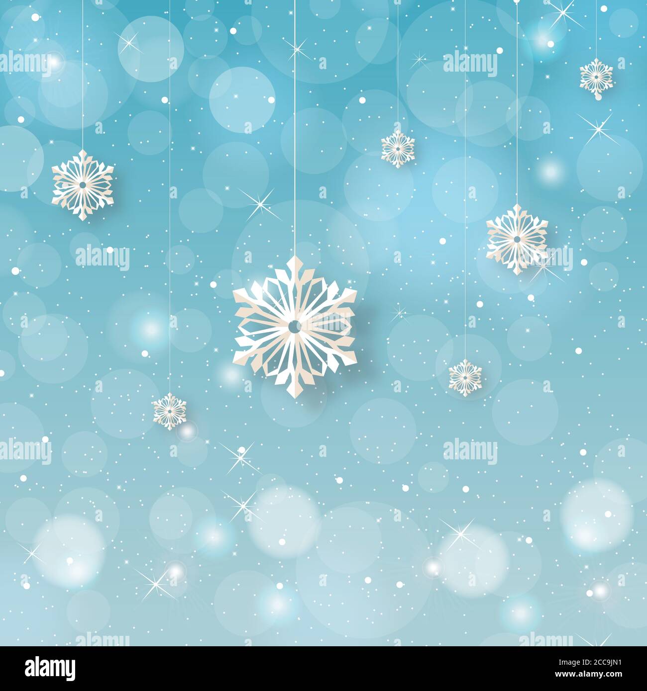 Illustration of snowflakes and sparkles on a blue background with bokeh ...