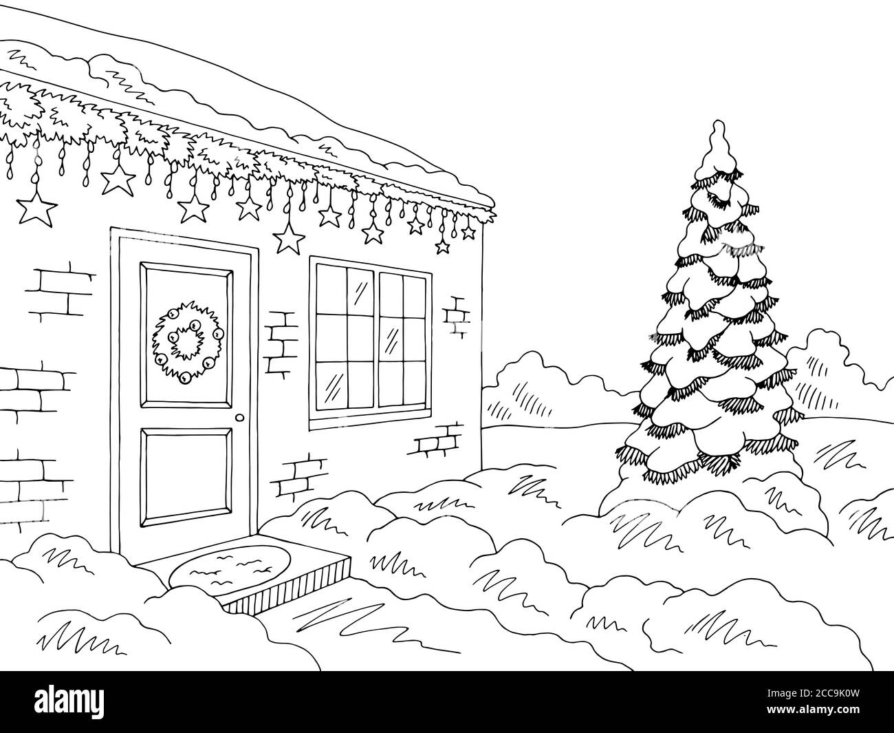 Christmas decor house exterior winter street graphic black white landscape sketch illustration vector Stock Vector