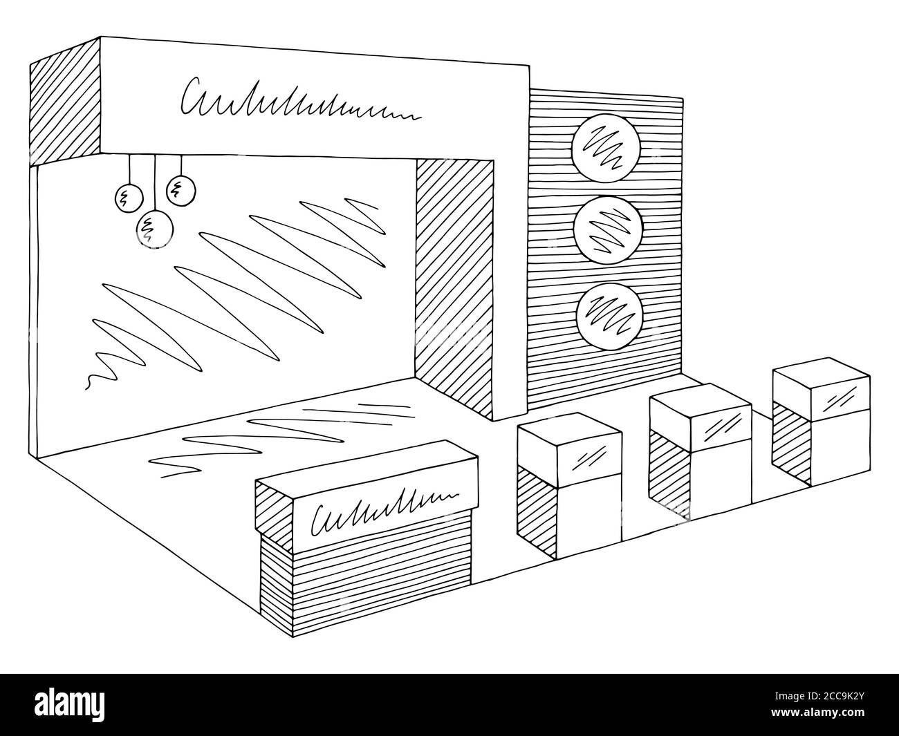 Exhibition stand graphic interior black white sketch illustration vector Stock Vector