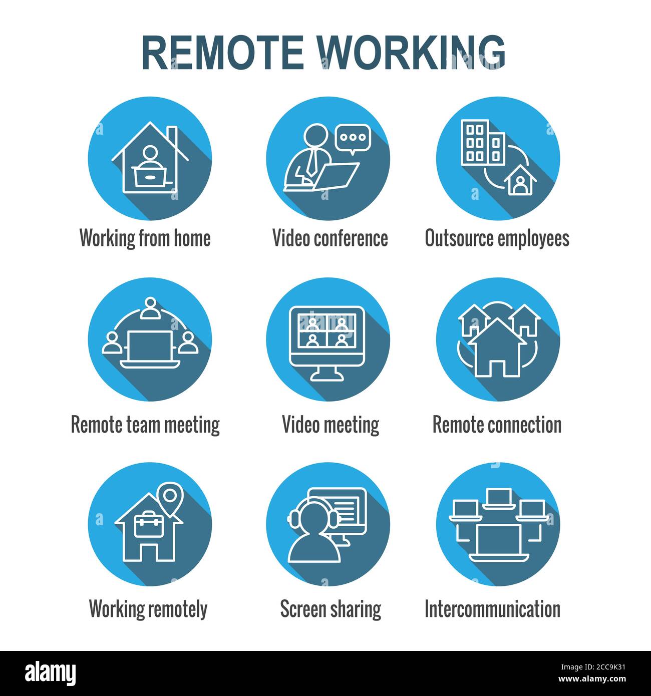 Remote work icon set - work from home, video meetings, etc Stock Vector