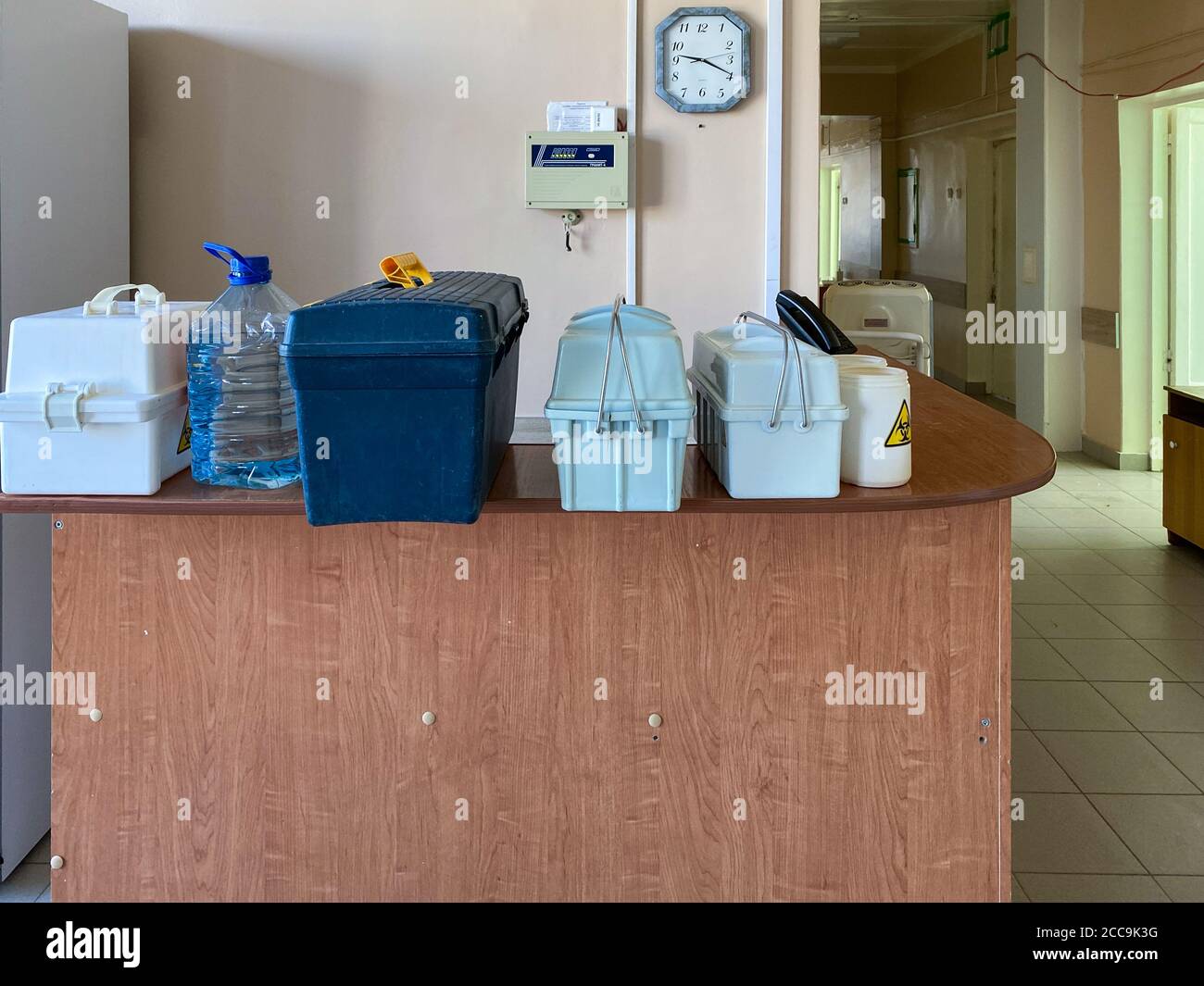 Oryol, Russia - August , 2020. Medical containers for carrying tests at the hospital reception Stock Photo