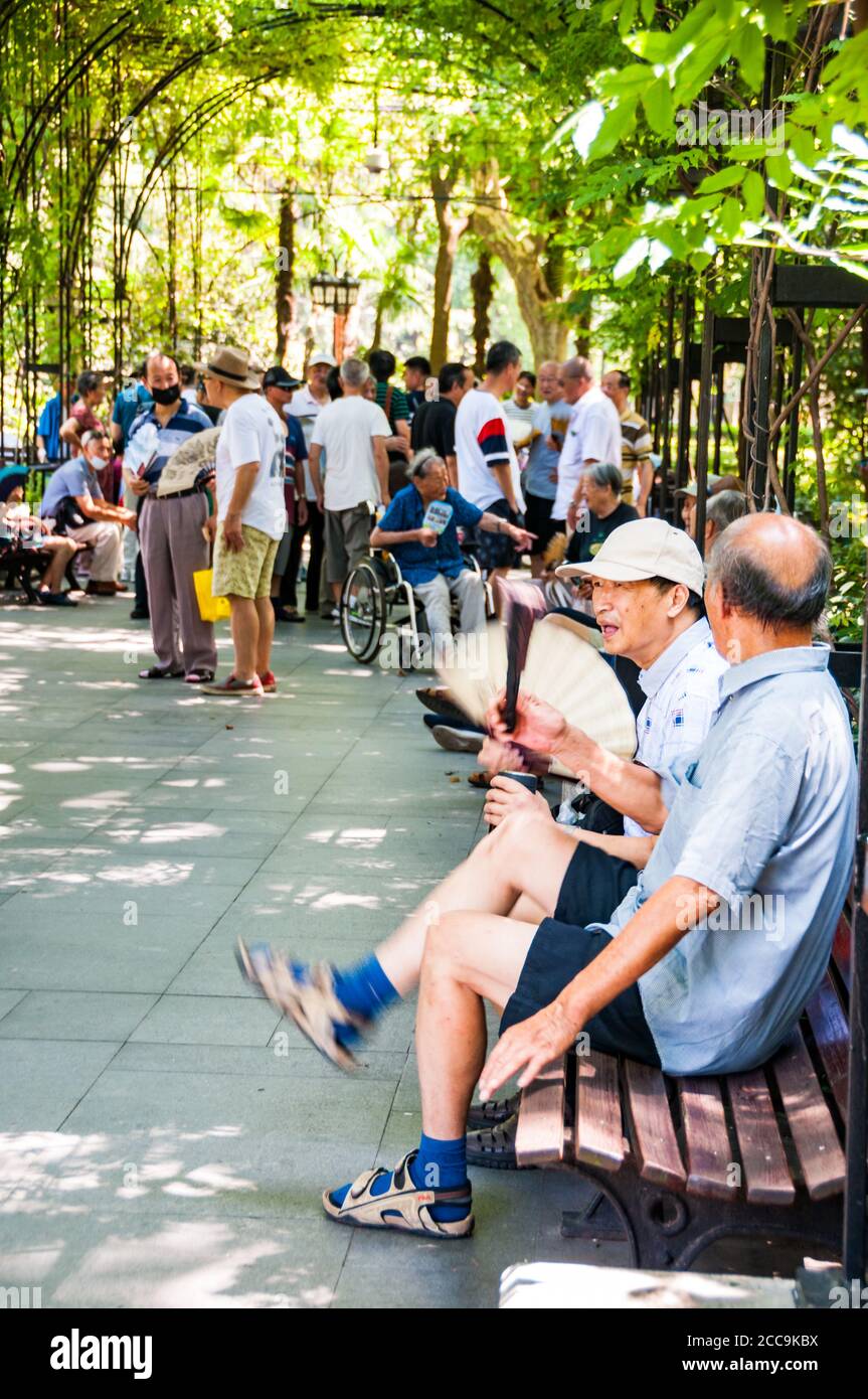 Old people talking on a summer’s Saturday in Shanghai’s Fuxing Park. Stock Photo