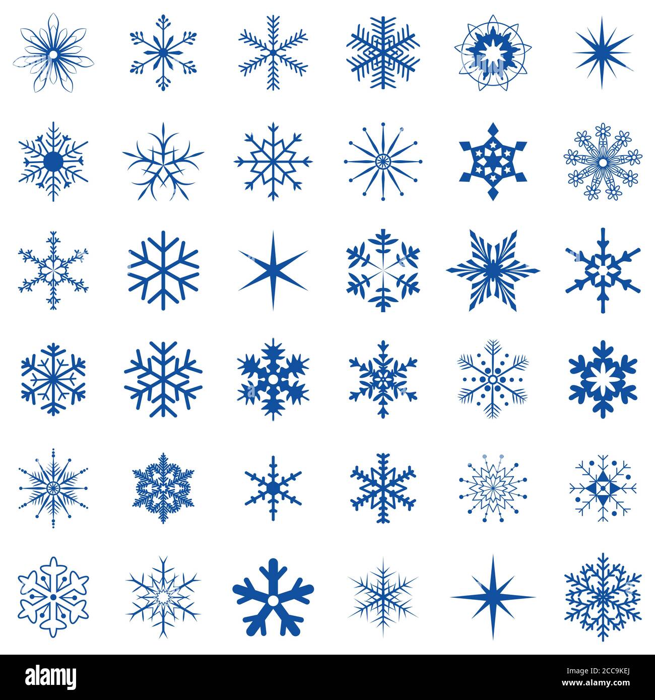 Digital illustration of different blue snowflakes on a white background ...